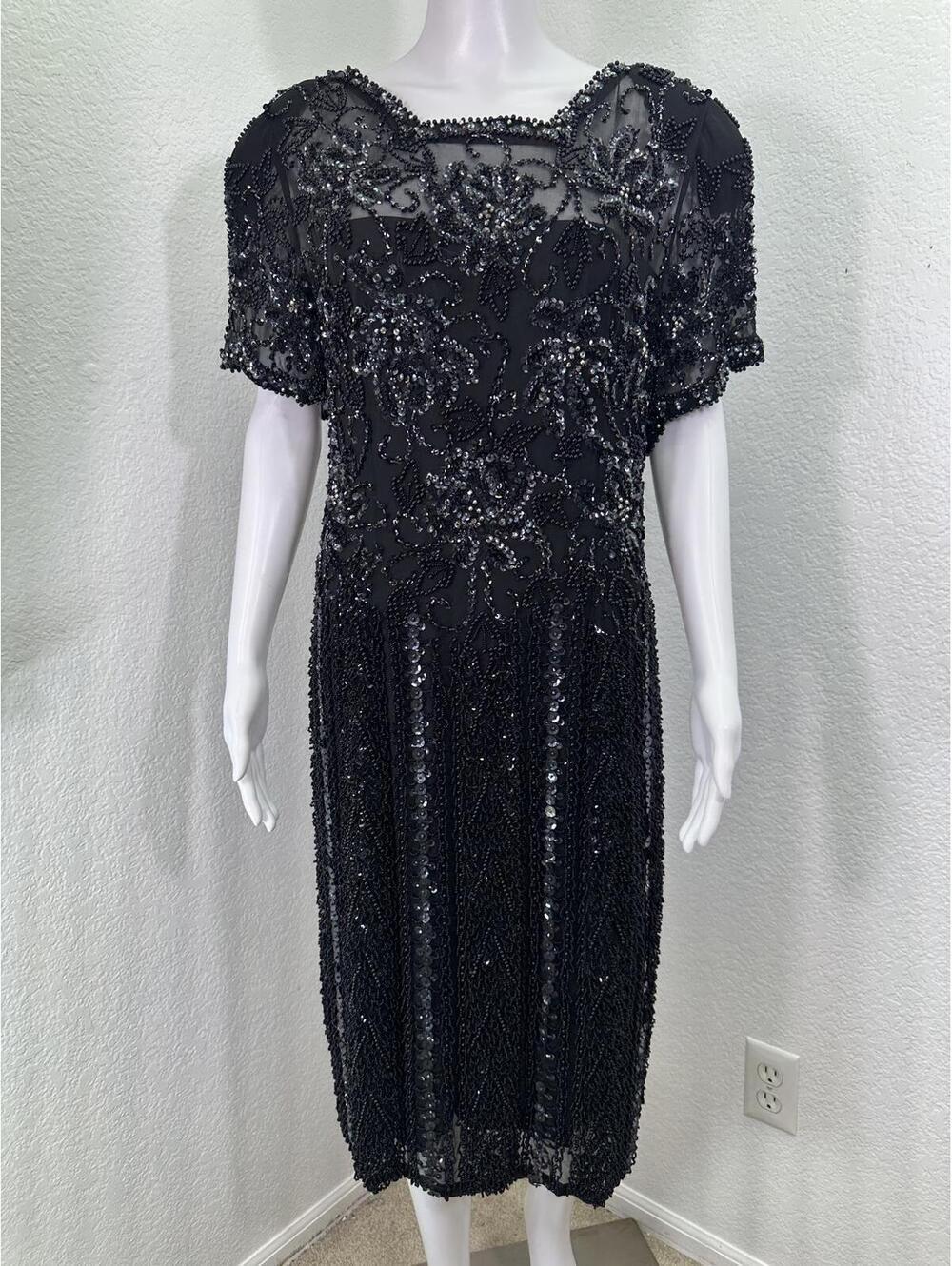New VTG 90s Sz 12 Oleg Cassini Black Tie Beaded Sequin Silk Cocktail Dress Midi
